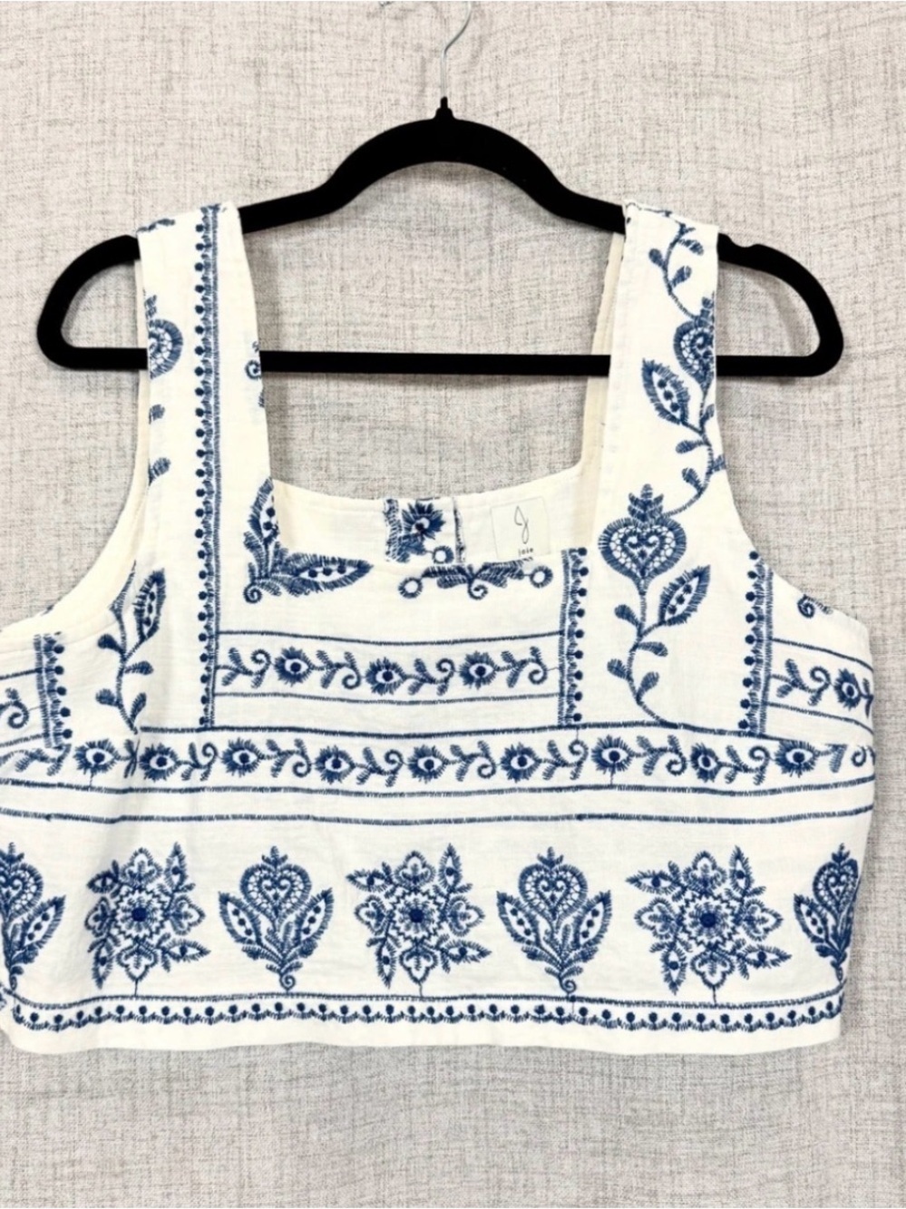 Joie Embroidered Linen Blend Crop Tank Top Blue and White Boho Square Neck - Picture 6 of 6